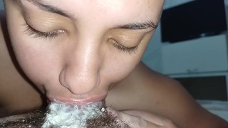 handjob hitting dick in the face in the mouth and he releases all his foamy creampie